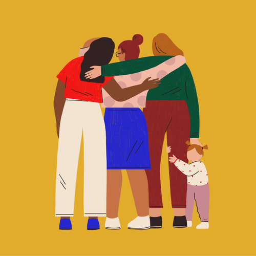 group with arms on each other's shoulders