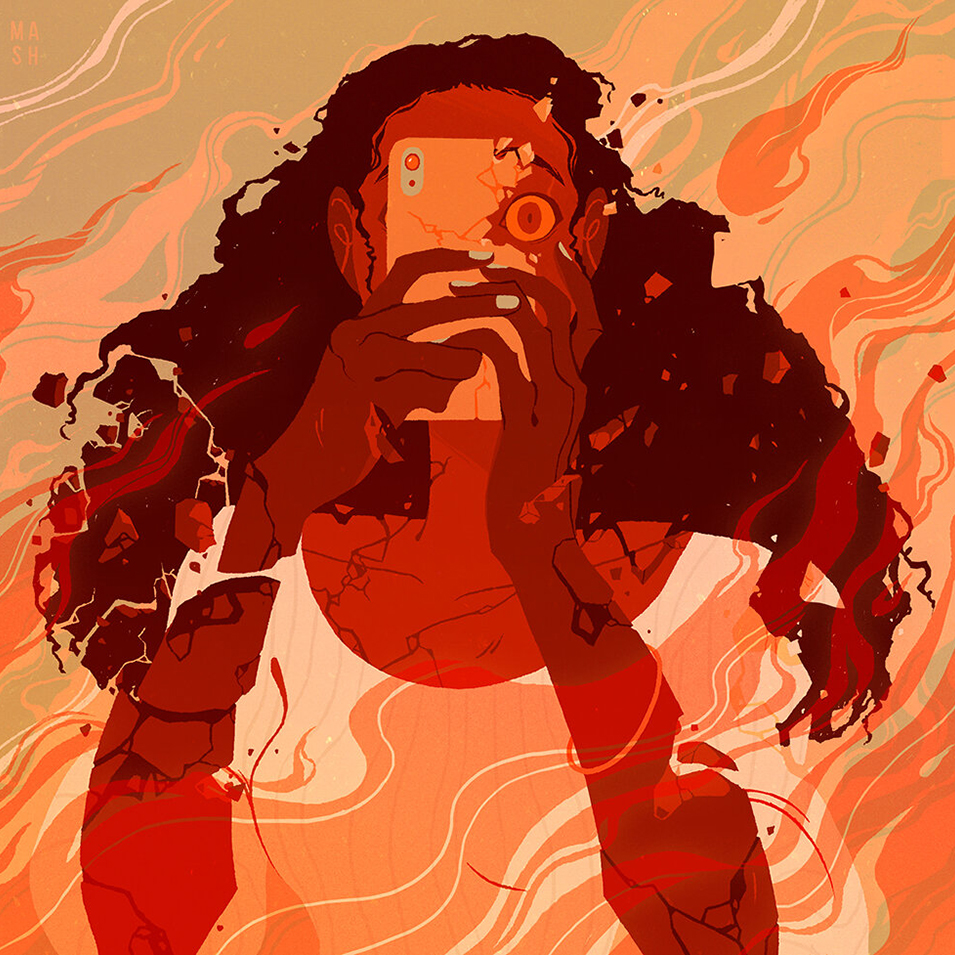 shattered person holding shattered phone